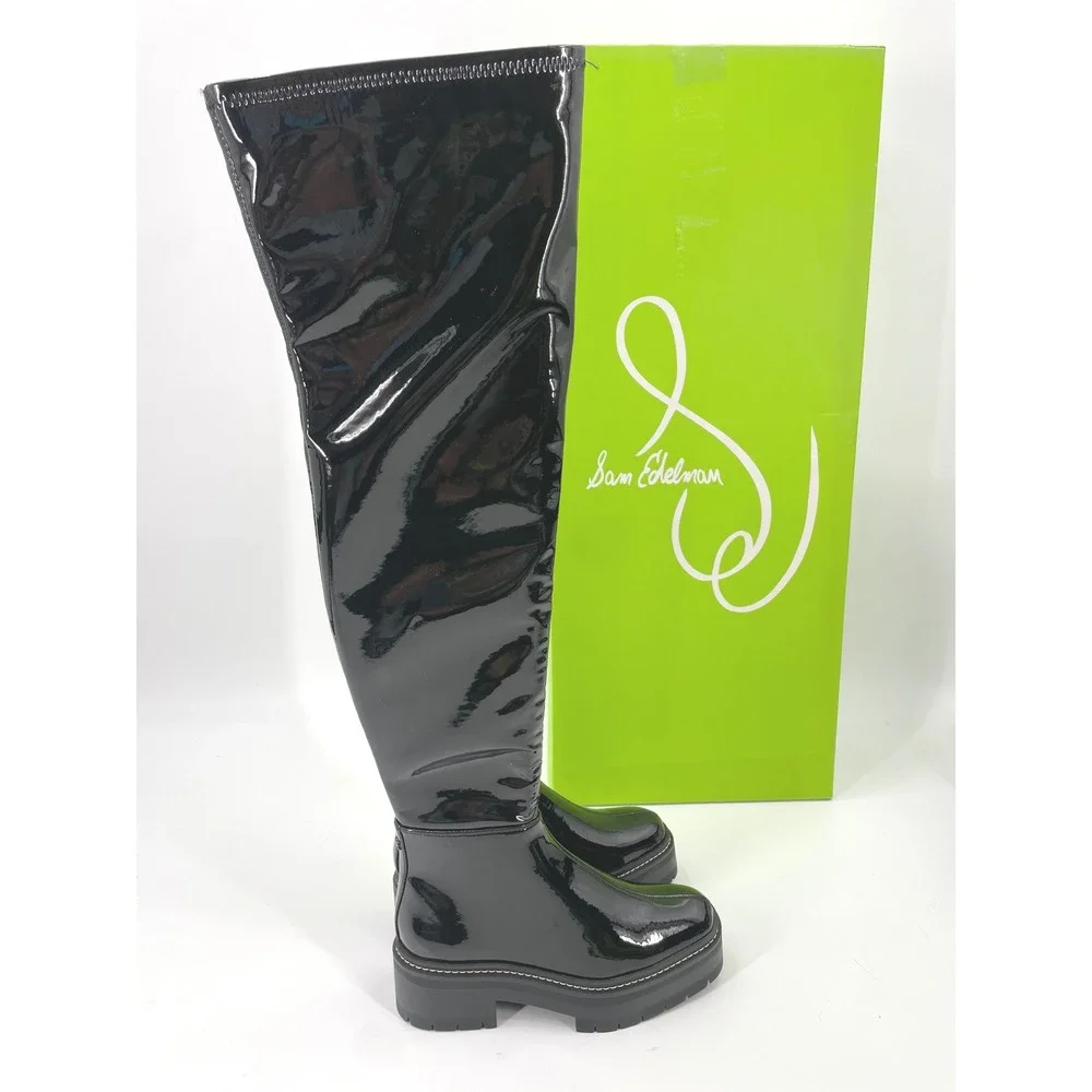 Sam Edelman Lydia Over The Knee Boots Womens 6.5 Black Patent Lug Sole NIB $225